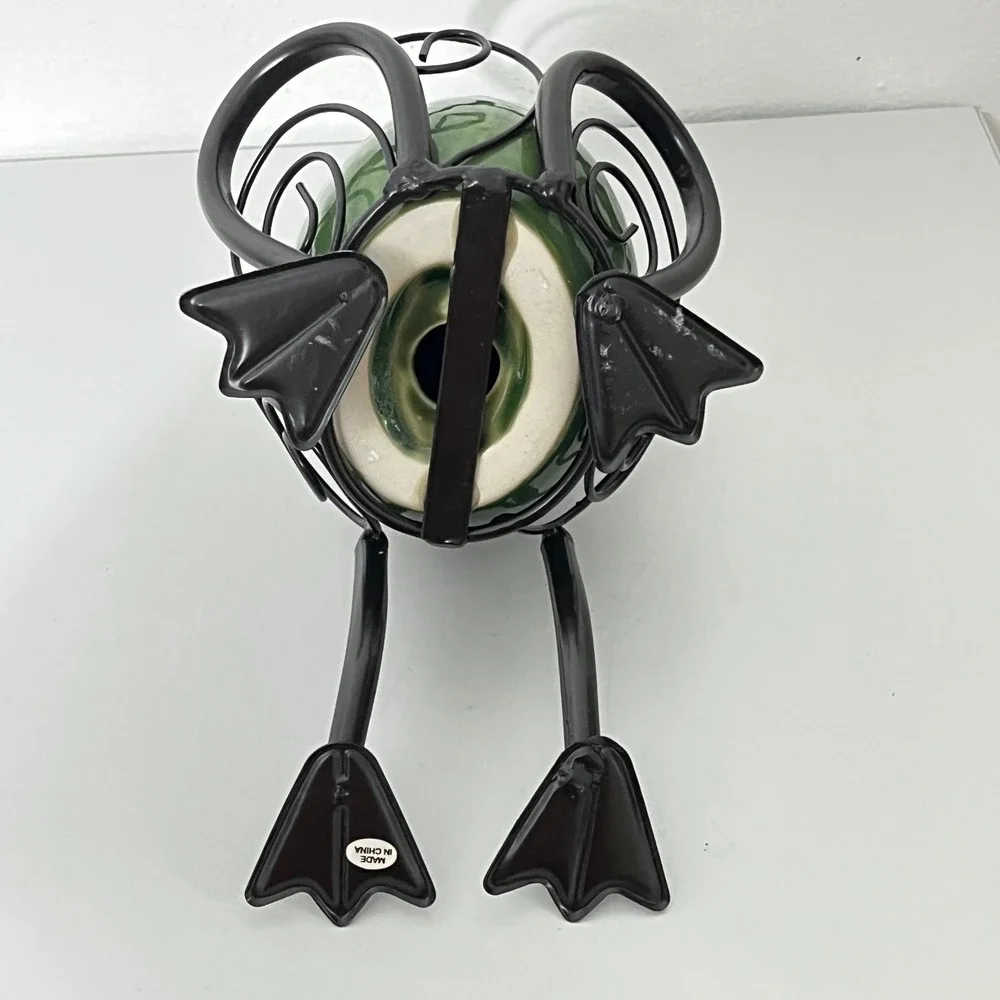 Unbranded Frog Figurine Home Decor OS Green Ceramic Metal Wire Frame Whimsical